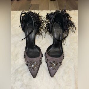 ZARA LIMITED EDITION SATIN EMBELLISHED FEATHER PUMPS